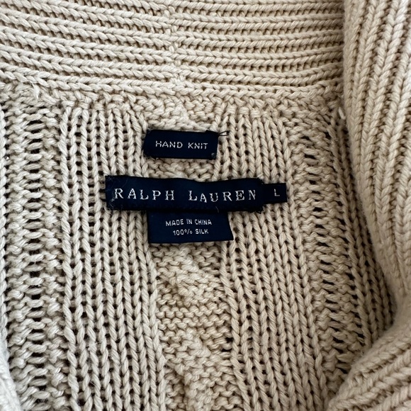 Ralph Lauren Hand-knit cardigan. Large. Oatmeal/creme. Silver Concha button. - Picture 3 of 3